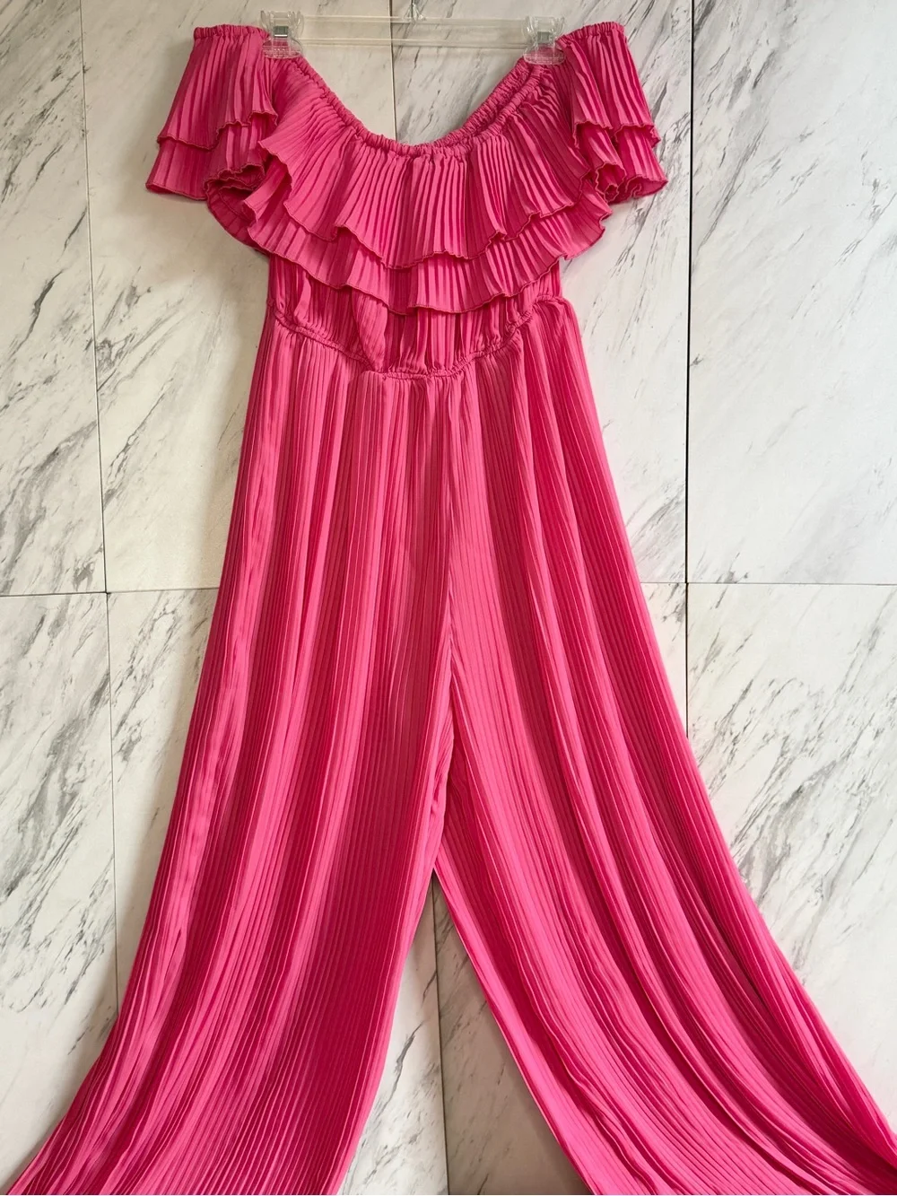 Nasty Gal Hot Pink Pleated Off-Shoulder Ruffle Barbiecore Glam Jumpsuit Size 10 - Picture 2 of 7